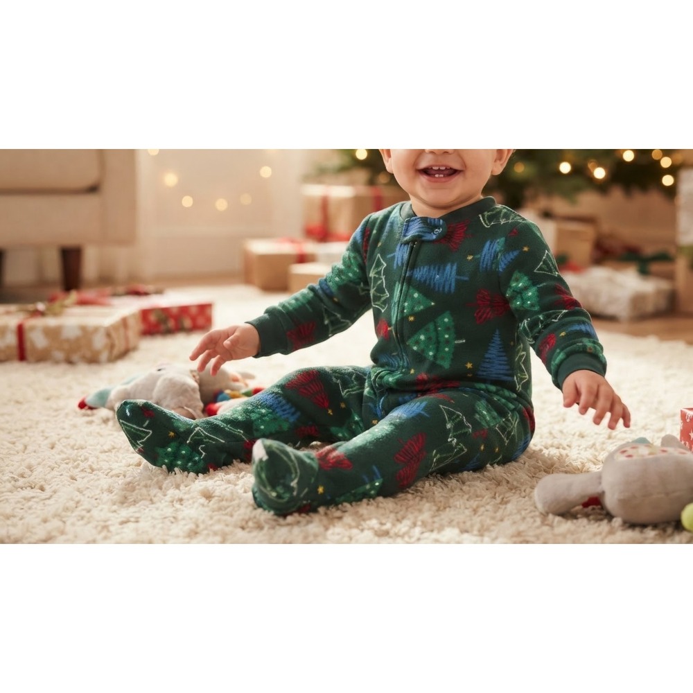 Carters Baby 12M Christmas Tree Fleece Footed Pajamas Green Sleep Play NWT